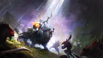 HD desktop wallpaper featuring a dramatic DotA 2 battle scene with a hero riding a beast and facing menacing enemies under a beam of light.