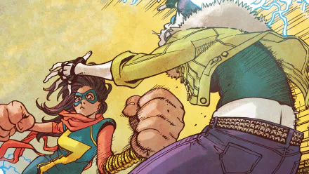 HD PC desktop wallpaper featuring comic-style art of Ms. Marvel in action, showcasing dynamic poses and vibrant colors.