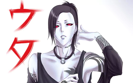 HD desktop wallpaper featuring Uta from Tokyo Ghoul, showcasing Uta in a sleek, monochromatic style with striking red eyes and tattoos, with Tokyo Ghoul text in Japanese.