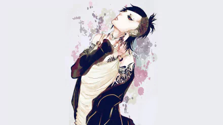 HD desktop wallpaper of Uta from Tokyo Ghoul, an anime character with tattoos and piercings, striking a confident pose against an artistic background with splashes of color.
