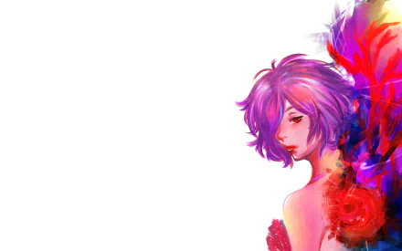 A vibrant HD wallpaper featuring Touka Kirishima from Tokyo Ghoul, showcasing her with striking colors and artistic flair, capturing the essence of the anime's aesthetic.