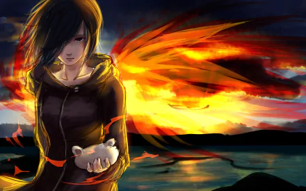 Anime character Touka Kirishima from Tokyo Ghoul with blue eyes and a Kagune, standing by water at sunset, holding a small mask. The HD desktop wallpaper showcases vibrant colors and a dramatic background.