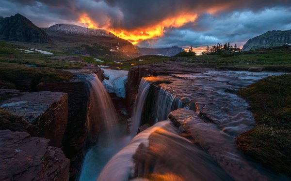 Earth Glacier National Park National Park Waterfall Montana Sunrise Nature Glow Storm HD Wallpaper | Background Image
