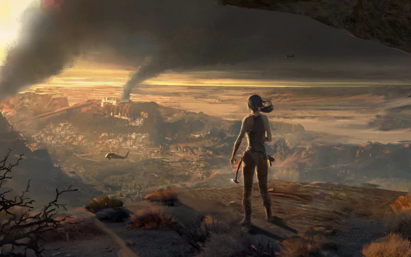 Lara Croft stands overlooking a stunning, tumultuous landscape in this HD desktop wallpaper from Rise of the Tomb Raider, showcasing her adventurous spirit and determination.