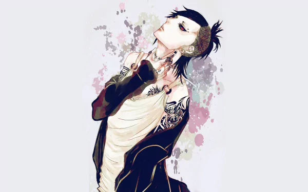 HD desktop wallpaper of Uta from Tokyo Ghoul, an anime character with tattoos and piercings, striking a confident pose against an artistic background with splashes of color.