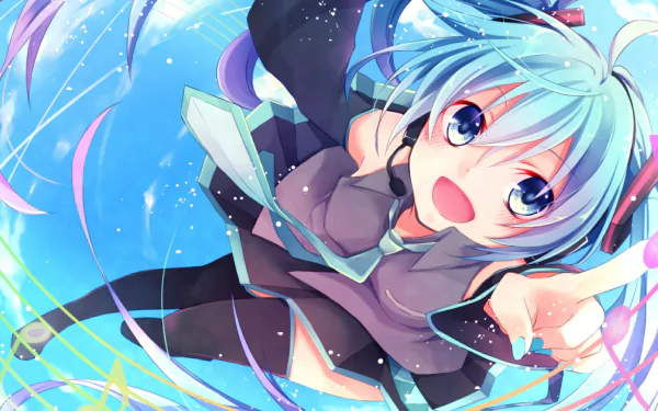 Anime character Hatsune Miku with blue hair and eyes, joyfully singing into a microphone. She's dressed in a skirt and thigh highs, surrounded by flowing ribbons against a vibrant blue background.