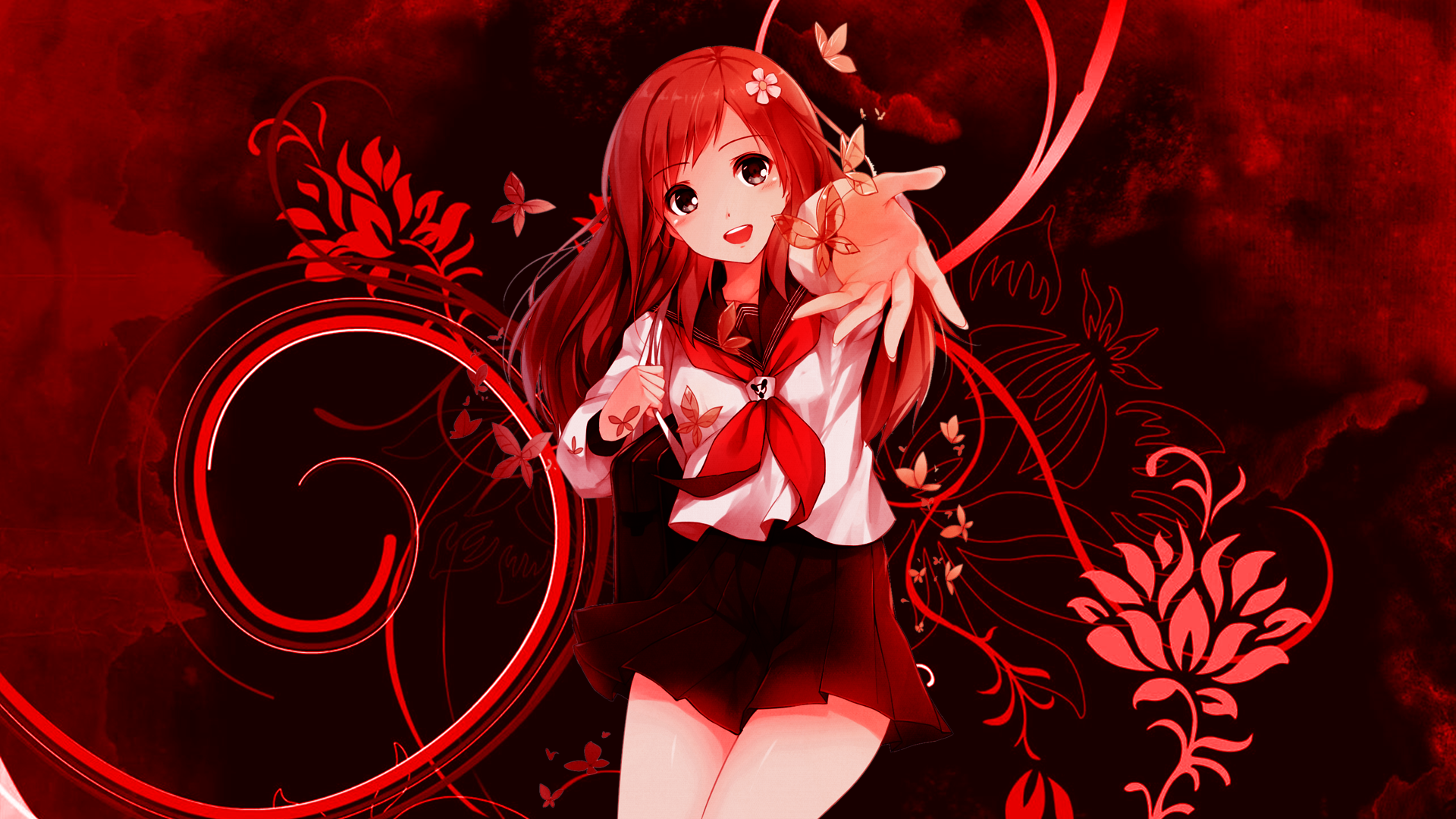 Anime original HD PC desktop wallpaper: cheerful red-haired schoolgirl in sailor uniform reaches out amid swirling floral and vine patterns on a crimson background.