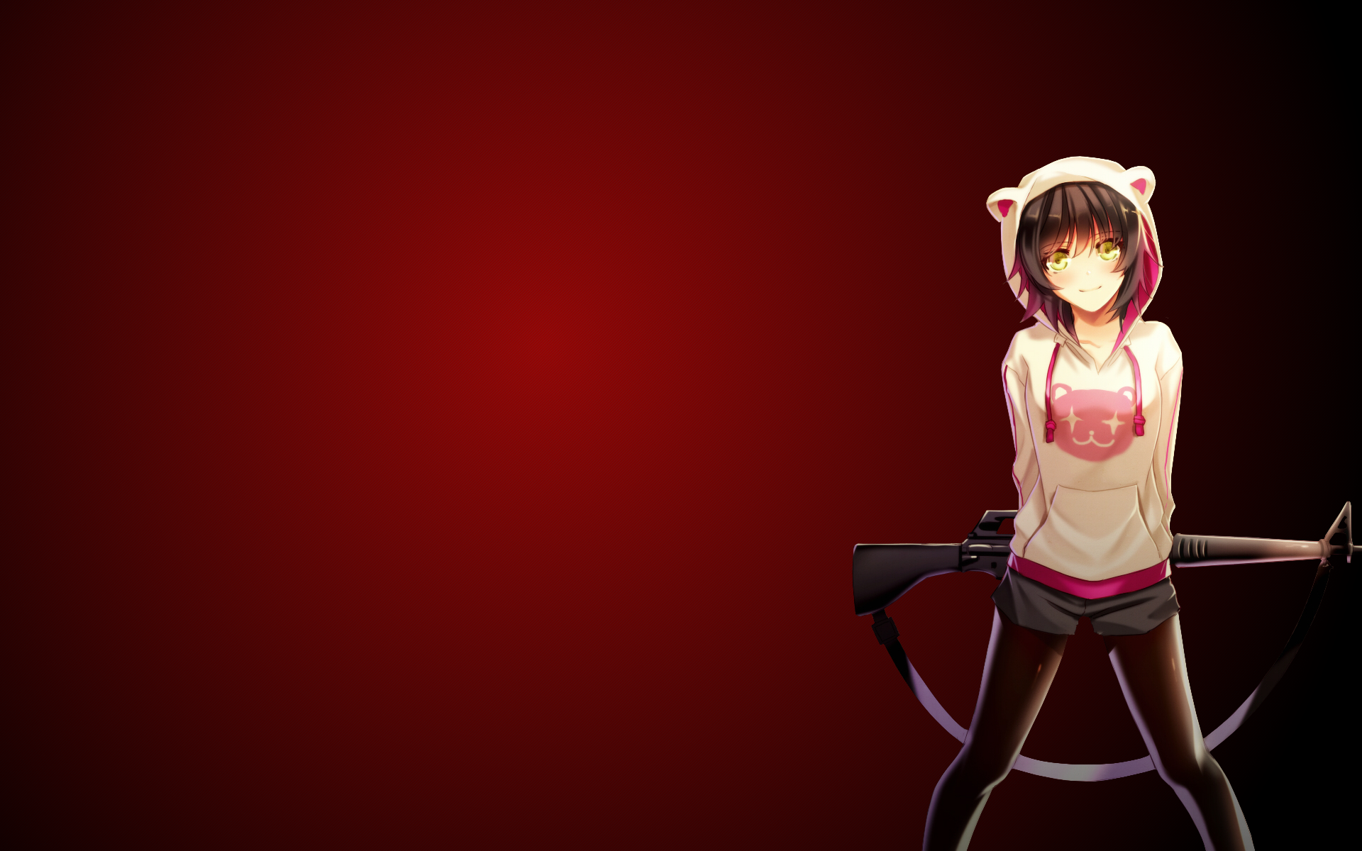 Anime-style character with short brown hair and yellow eyes, wearing a hoodie with cat ears, holding a gun, set against a deep red background, HD desktop wallpaper.