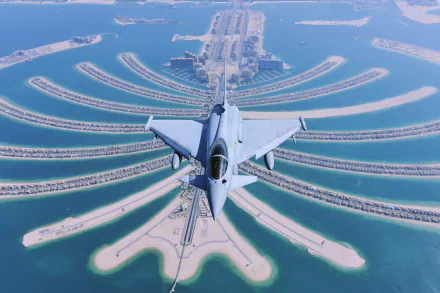 Eurofighter Typhoon military aircraft flying over Dubai's Palm Jumeirah, captured in stunning 4K Ultra HD for a PC desktop wallpaper background.