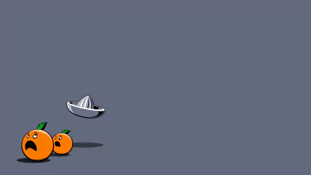 Funny, minimalist HD PC desktop wallpaper featuring two expressive oranges beneath a hovering juicer on a plain gray background.