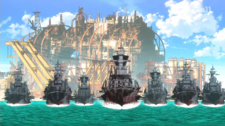 HD wallpaper of Gargantia on the Verdurous Planet with a fleet of ships at sea and a large mechanized city in the background.