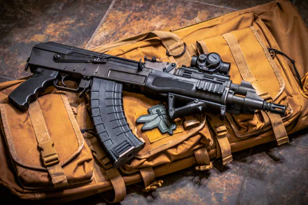 Close-up of an AKS-74U machine gun resting on a tan tactical bag, captured in 4K Ultra HD for a detailed military-themed PC desktop wallpaper.