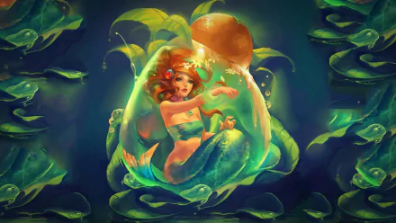 A stunning HD desktop wallpaper featuring a magical underwater scene with a mermaid surrounded by vibrant leaves and mystical fish, embodying a world of fantasy and enchantment.
