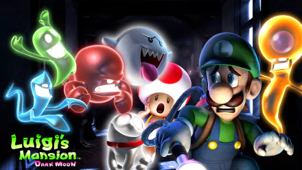 HD PC desktop wallpaper featuring Luigi and characters from the video game Luigi's Mansion: Dark Moon in a spooky, ghost-filled scene.