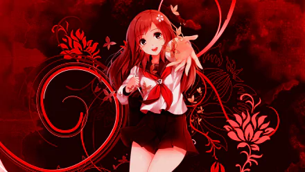 Anime original HD PC desktop wallpaper: cheerful red-haired schoolgirl in sailor uniform reaches out amid swirling floral and vine patterns on a crimson background.