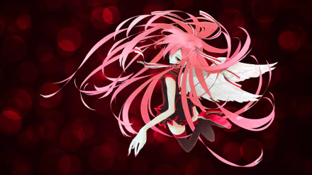 HD anime desktop wallpaper featuring a pink-haired angel with flowing hair and white wings, set against a dark, blurred red background.