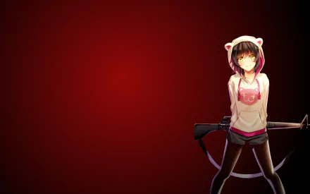 Anime-style character with short brown hair and yellow eyes, wearing a hoodie with cat ears, holding a gun, set against a deep red background, HD desktop wallpaper.