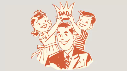 A vintage-style illustration of a smiling father receiving a crown labeled DAD from two cheerful children, capturing the joyful spirit of Father's Day. Suitable as a HD desktop wallpaper.