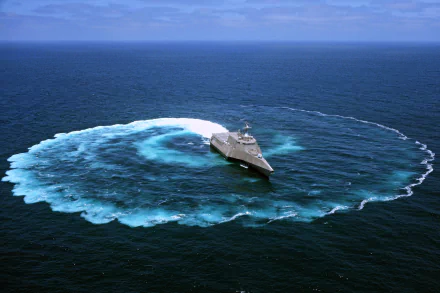 USS Independence (LCS-2), a littoral combat ship, maneuvers in the open sea, creating a circular wake, captured in a 4K Ultra HD ocean military wallpaper.