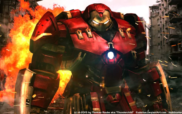 HD wallpaper of the Hulkbuster armor from Avengers: Age of Ultron amid an epic battle, with explosions and debris in the background.