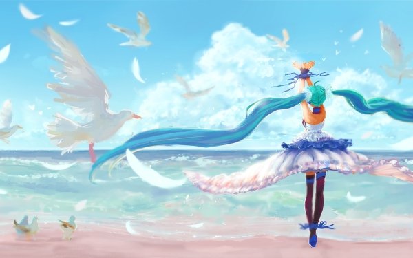 Anime Vocaloid Hatsune Miku Aqua Hair Long Hair Thigh Highs Bird Sky Water Ocean Beach Cloud Dress White Dress Collar HD Wallpaper | Background Image