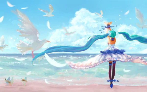Hatsune Miku with aqua hair stands on a beach in a white dress and thigh highs, surrounded by birds under a bright sky with clouds and ocean waves, anime-style.