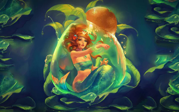 A stunning HD desktop wallpaper featuring a magical underwater scene with a mermaid surrounded by vibrant leaves and mystical fish, embodying a world of fantasy and enchantment.