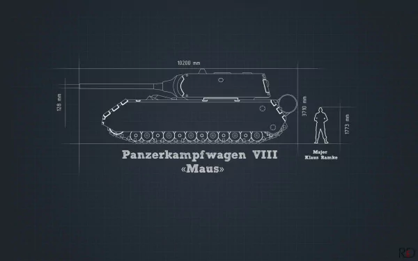 Minimalist HD PC desktop wallpaper featuring a detailed military schematic of the Panzerkampfwagen VIII Maus tank with scale measurements and a human silhouette.