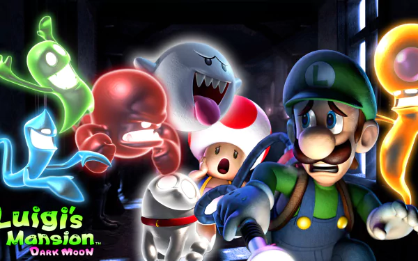 HD PC desktop wallpaper featuring Luigi and characters from the video game Luigi's Mansion: Dark Moon in a spooky, ghost-filled scene.