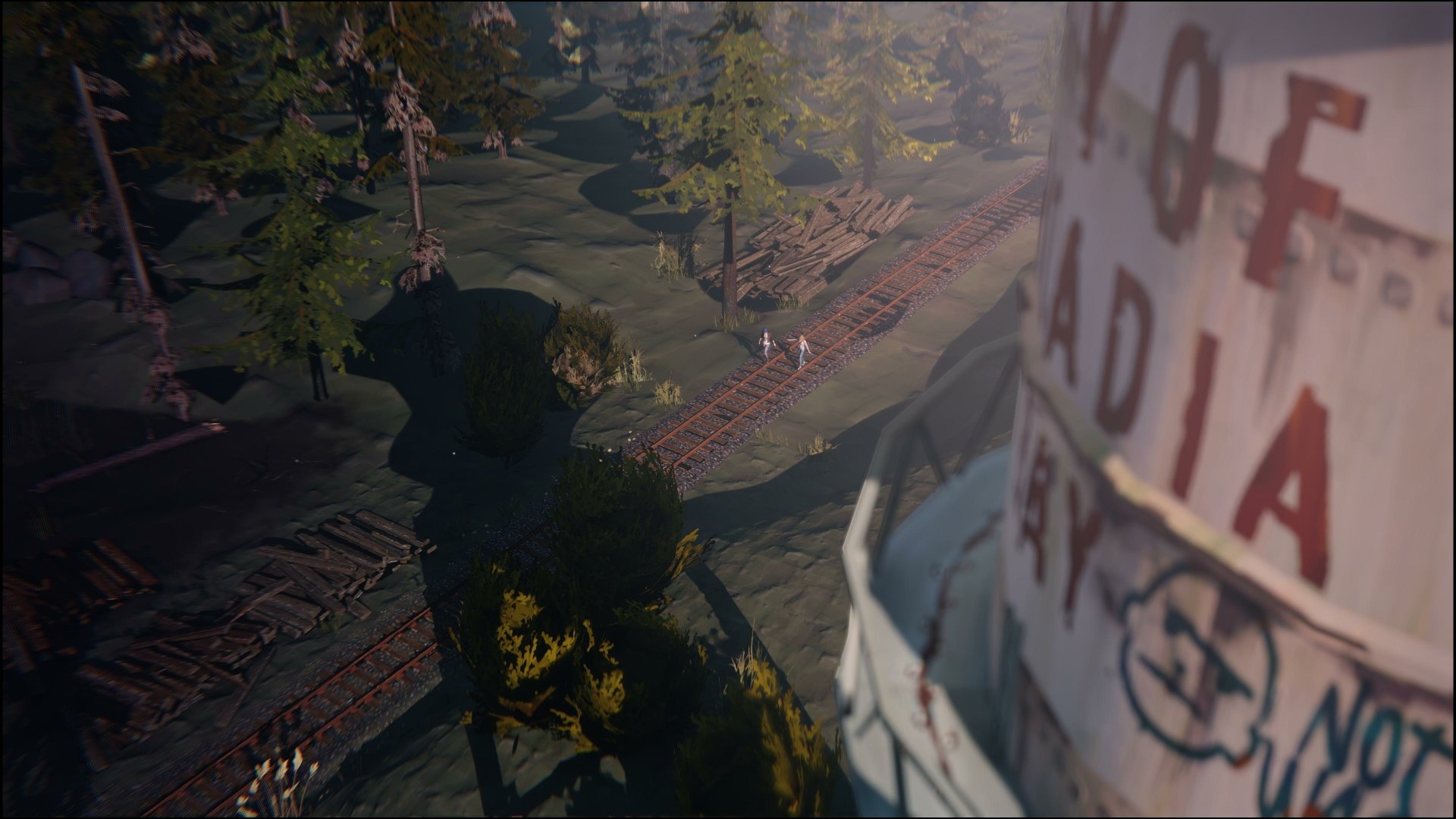 A stunning 4K Ultra HD wallpaper featuring a scene from the video game Life Is Strange, showcasing lush trees and a weathered water tower in a dramatic landscape.