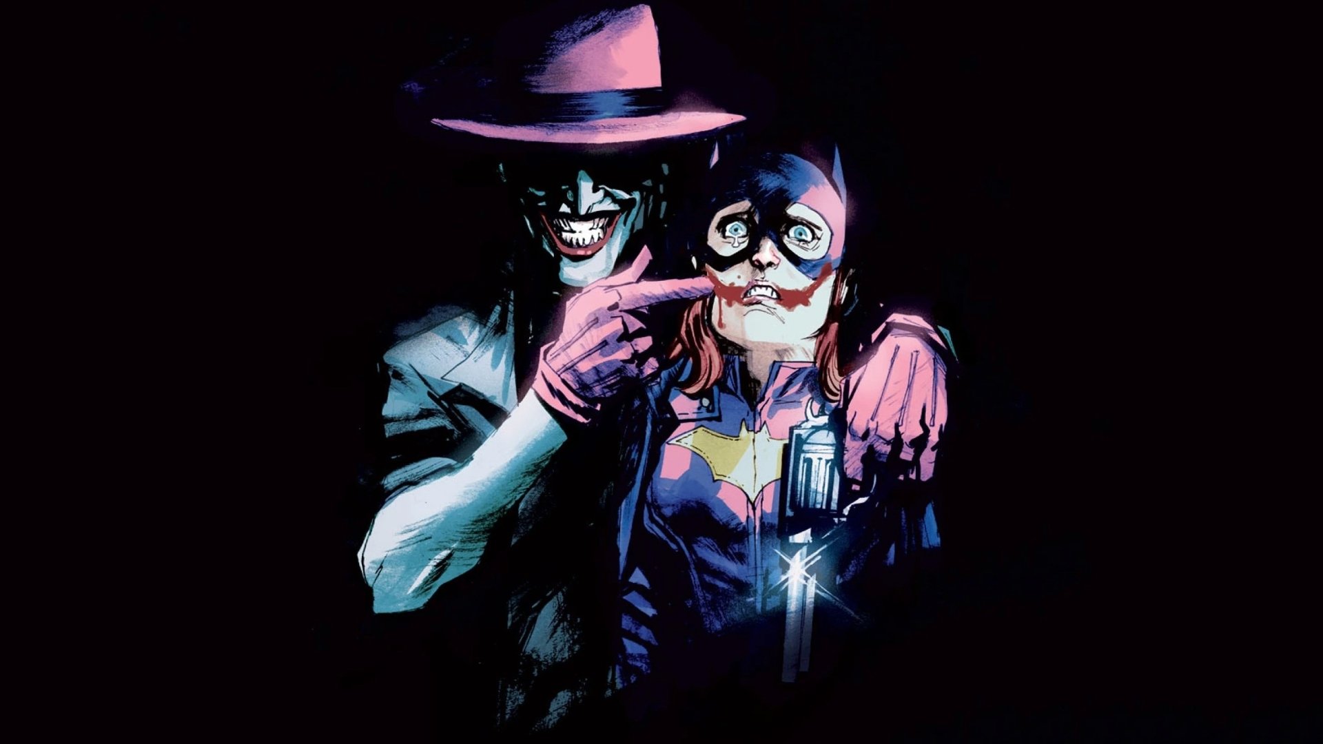 A striking HD wallpaper featuring Barbara Gordon as Batgirl, posed with the Joker in a dramatic comic-style illustration, showcasing their intense dynamic.
