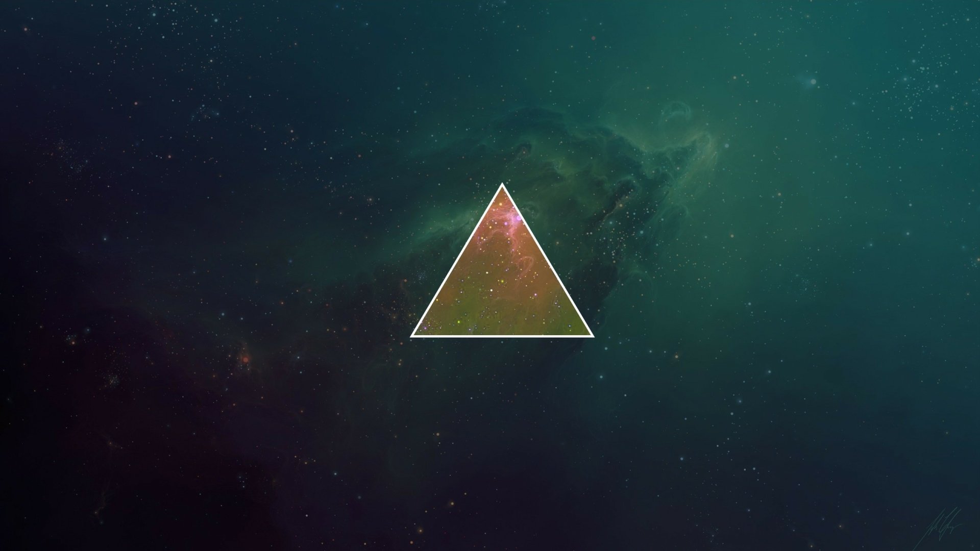 Artistic polyscape 2K Quad HD PC desktop wallpaper and background: luminous triangle with nebula texture centered on a teal-green starfield.