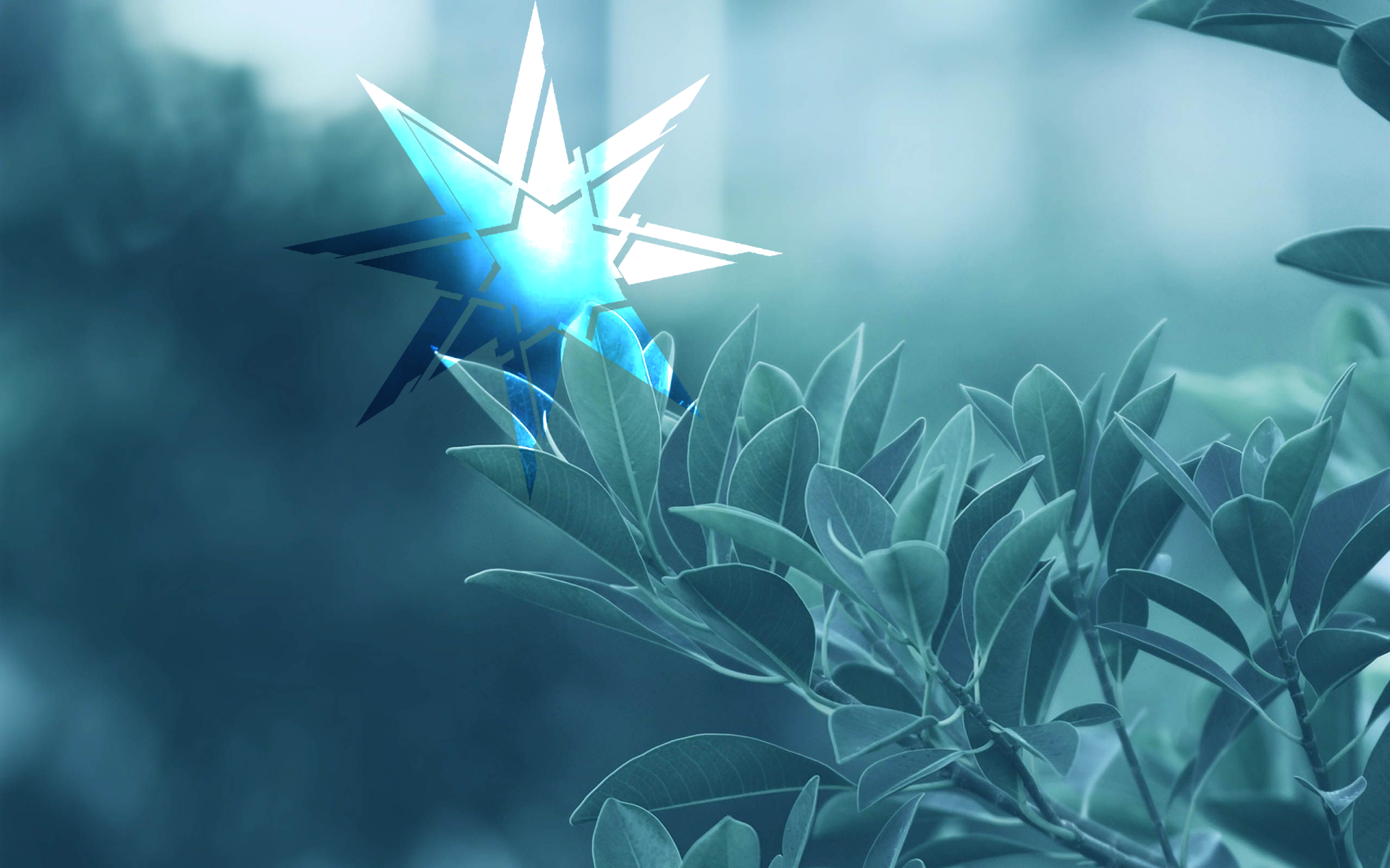 An artistic image featuring a blue star contrasting against lush green leaves, creating a tranquil polyscape in a serene, HD desktop wallpaper backdrop.