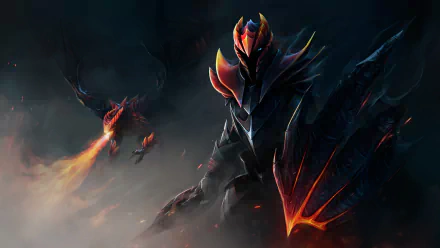 HD wallpaper featuring Dragon Knight from DotA 2, showcasing a powerful armored figure amidst a dark, fiery background, capturing the essence of the intense video game atmosphere.