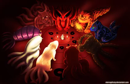 A vibrant HD desktop wallpaper featuring Kurama and the tailed beasts from Naruto surrounding the Sage of Six Paths in an intense and mystical scene.