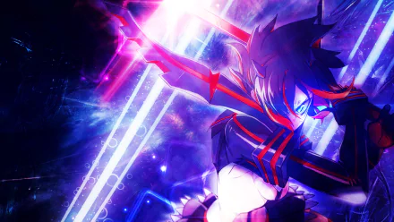Ryūko Matoi from Kill La Kill strikes an action pose, set against a vibrant, colorful backdrop. This HD wallpaper showcases her dynamic style and fierce determination.