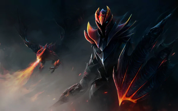 HD wallpaper featuring Dragon Knight from DotA 2, showcasing a powerful armored figure amidst a dark, fiery background, capturing the essence of the intense video game atmosphere.
