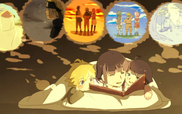 HD wallpaper from Boruto: Naruto the Movie featuring Himawari Uzumaki and Boruto Uzumaki enjoying a book, with nostalgic scenes of Naruto and Hinata in the background.