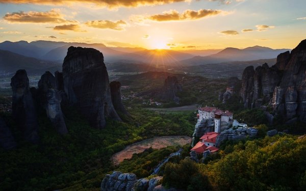 Religious Meteora Greece Landscape Nature Sunset Mountain Forest House HD Wallpaper | Background Image
