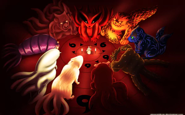 A vibrant HD desktop wallpaper featuring Kurama and the tailed beasts from Naruto surrounding the Sage of Six Paths in an intense and mystical scene.