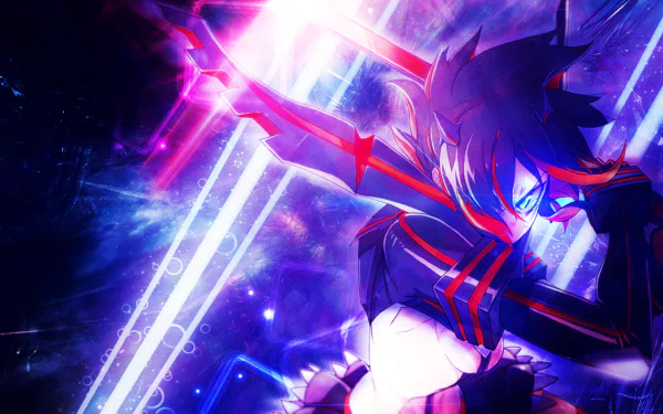 Ryūko Matoi from Kill La Kill strikes an action pose, set against a vibrant, colorful backdrop. This HD wallpaper showcases her dynamic style and fierce determination.