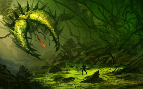 HD desktop wallpaper for Terraria featuring a player confronting a large green serpent in a mystical forest setting.