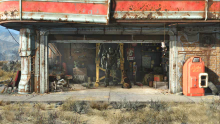 A detailed HD desktop wallpaper featuring a rundown shop from Fallout 4, showcasing a Power Armor figure inside alongside various post-apocalyptic items and a Nuka-Cola vending machine outside.
