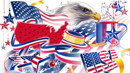HD PC desktop wallpaper featuring patriotic 4th of July imagery with a bald eagle, American flag, stars, and red, white, and blue decorations celebrating the holiday.