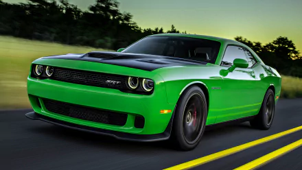 HD desktop wallpaper featuring a vibrant green Dodge Challenger SRT Hellcat, with a sleek body design, driving on a road with a blurred background of trees and sky.
