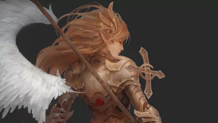 A powerful angel warrior in ornate armor, adorned with wings and holding a spear, embodies the essence of fantasy in this HD desktop wallpaper.