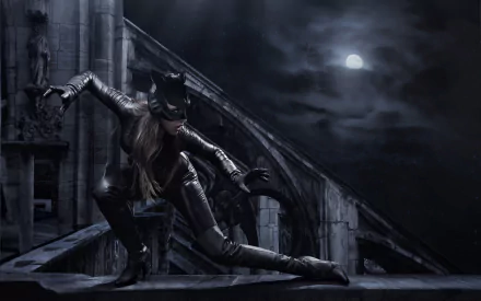 HD PC desktop wallpaper featuring Catwoman in a dynamic pose on a rooftop under a moonlit night, blending comic style with dramatic shadows and urban architecture.