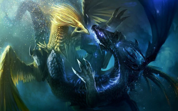 HD desktop wallpaper featuring an epic battle between a golden and a blue dragon, set in a mystical fantasy world.