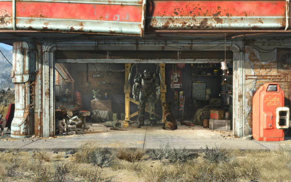 A detailed HD desktop wallpaper featuring a rundown shop from Fallout 4, showcasing a Power Armor figure inside alongside various post-apocalyptic items and a Nuka-Cola vending machine outside.