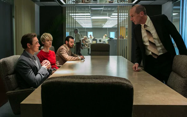 HD desktop wallpaper and background featuring characters from Halt And Catch Fire in a tense office meeting scene.